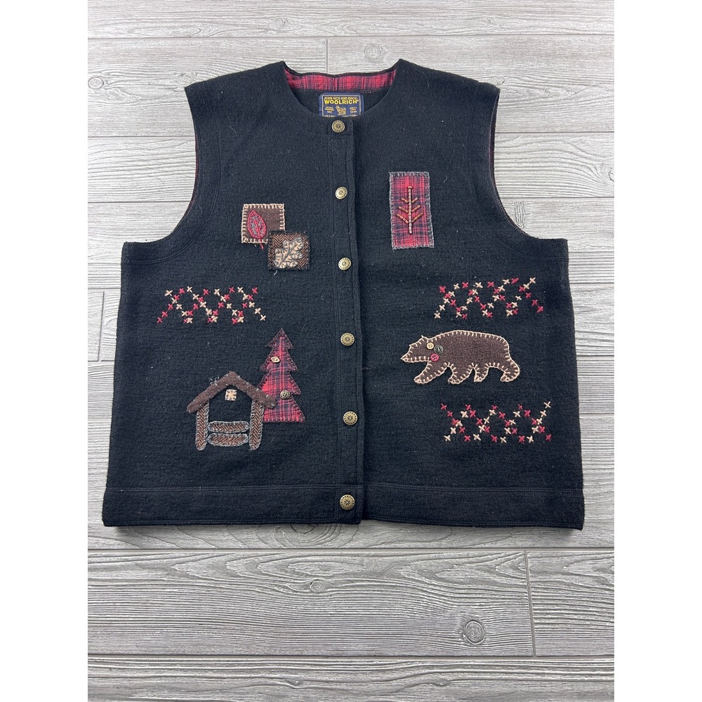 Woolrich Womens XL Black Wool Vest Embroidered Bear Cabin Lodge Rustic 9141